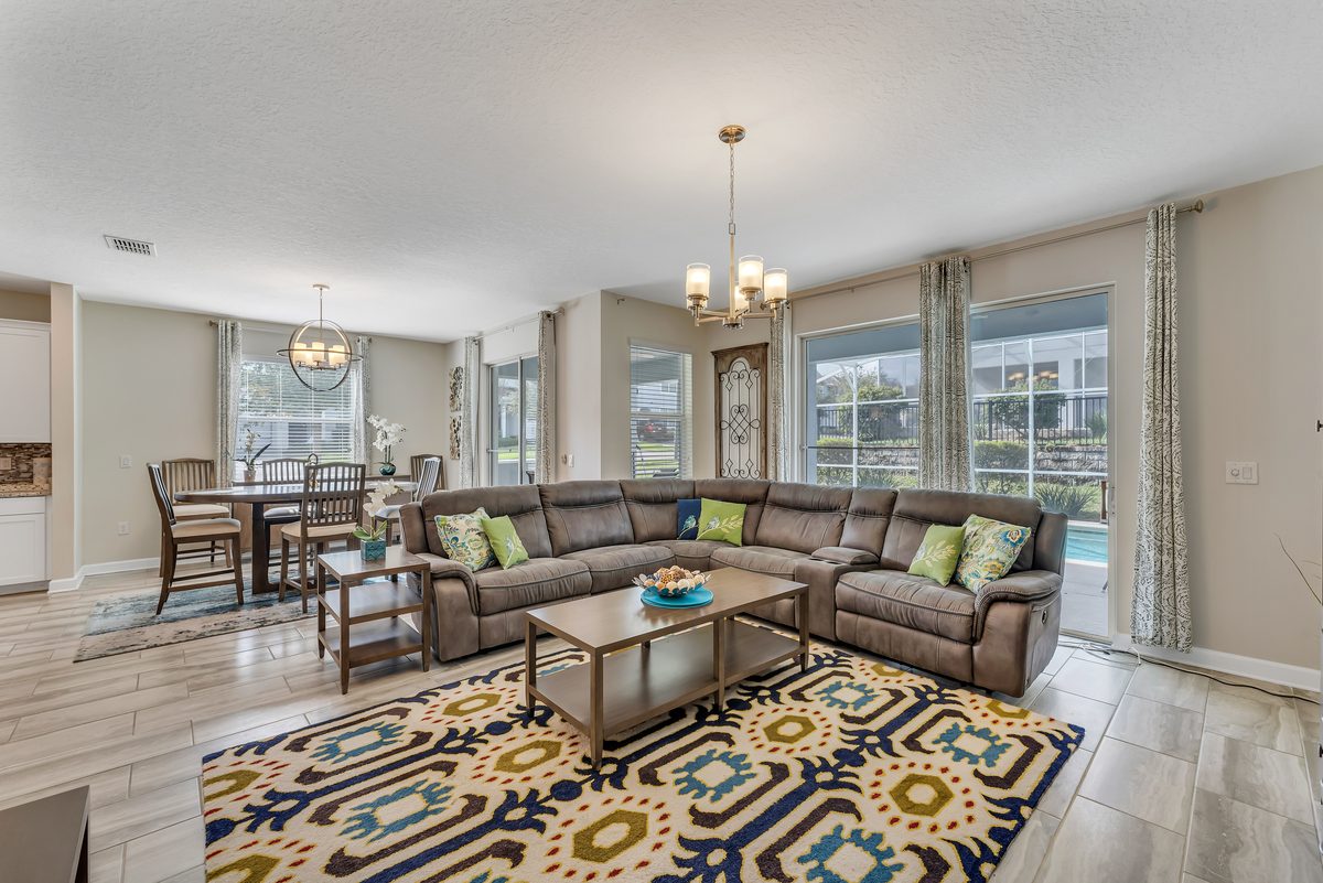 Living room with pool view