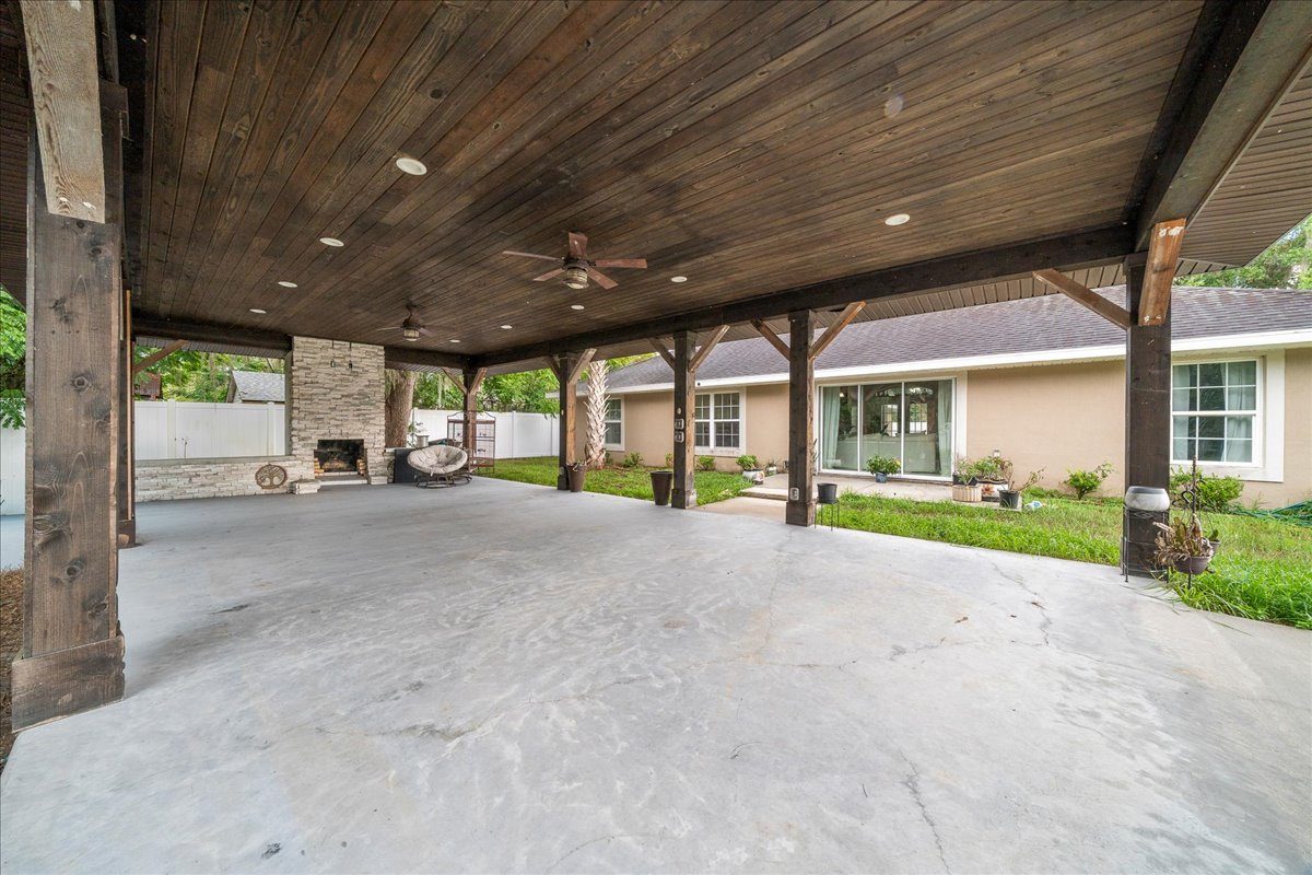 Outdoor pavilion and stone fireplace